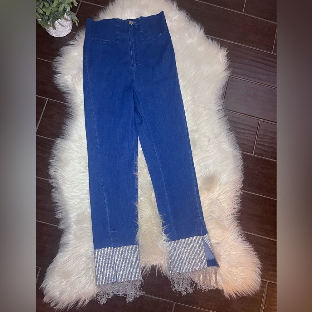 Rehab Lab denim high waisted rhinestone/chained fringe hem sz medium